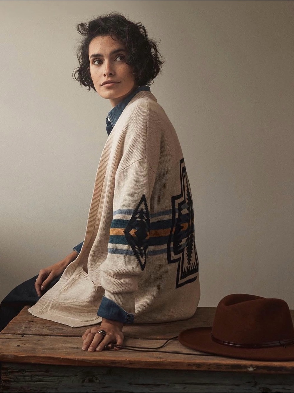 Pendleton Sierra Springs Cardigan Cream Open Front - Navy Teal & Mustard Medium
